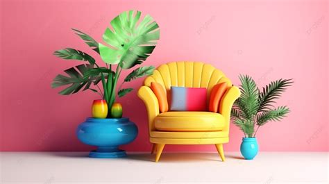 3d Render Of A Colorful Armchair With Console And Plant In Memphis ...