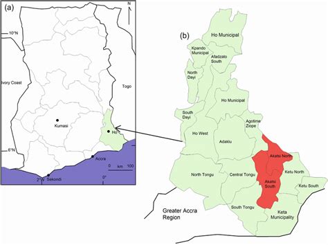 Map of a Ghana showing the Volta Region. b the Volta Region showing the ...