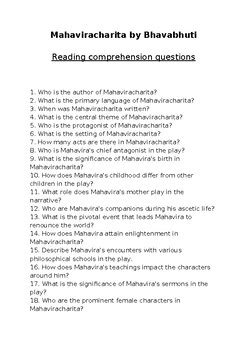 Mahaviracharita by Bhavabhuti Comprehension & Essay Questions (Editable ...