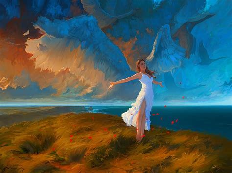 Women, young woman, happy, angel wings, wings, white dress, digital art ...