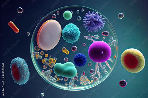 Macro shot of different types of microbes. Virus cells and bacteria on abstract background ...