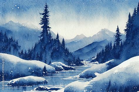 hand drawn watercolor painting winter mountain scenery. landscape ...