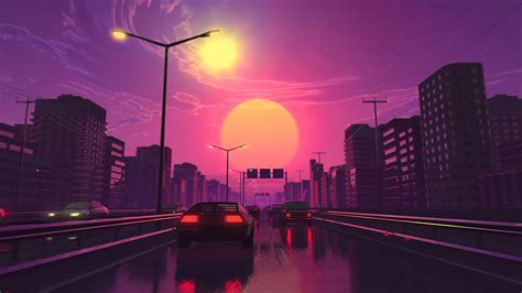 4K, sky, street, city, vehicle, synthwave, modern, cityscape, cyberpunk, digital, vaporwave, Sun ...