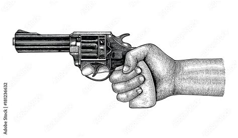 Hand holding gun,Retro drawing engraving illustration,vintage gun Stock Vector | Adobe Stock