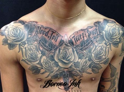 eddieborneoink:american-old-school-chest-piece-script-tattoo