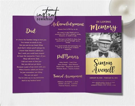 Trifold Funeral Program Template Tri-fold Brochure Purple - Etsy