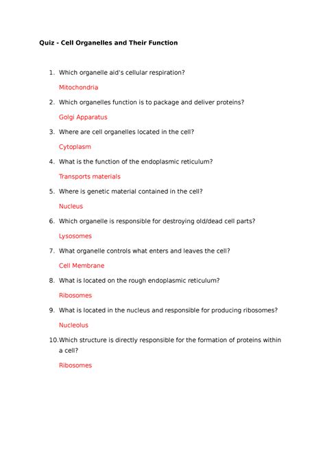 Quiz - Cells and Organelles - Quiz - Cell Organelles and Their Function ...