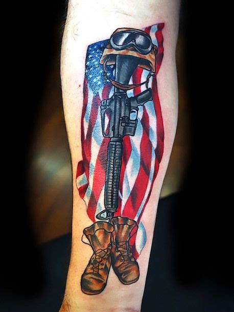 A great tattoo for patriotic army men. Rifle and boots on the background of an American flag ...