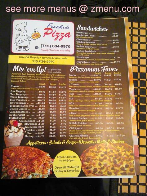 Online Menu of Frankies Pizza Restaurant, Hayward, Wisconsin, 54843 - Zmenu