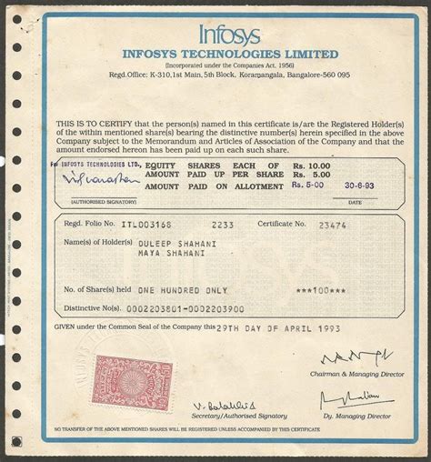 India INFOSYS original 1993 share certificate - 9500R in 1993, now ...