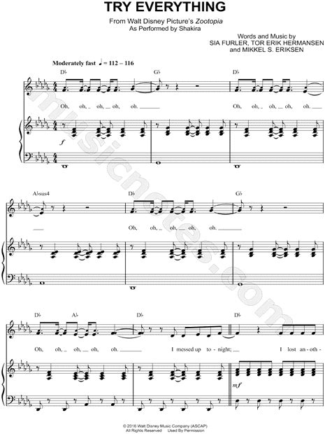 Shakira "Try Everything" Sheet Music in Db Major (transposable) - Download & Print - SKU: MN0160790