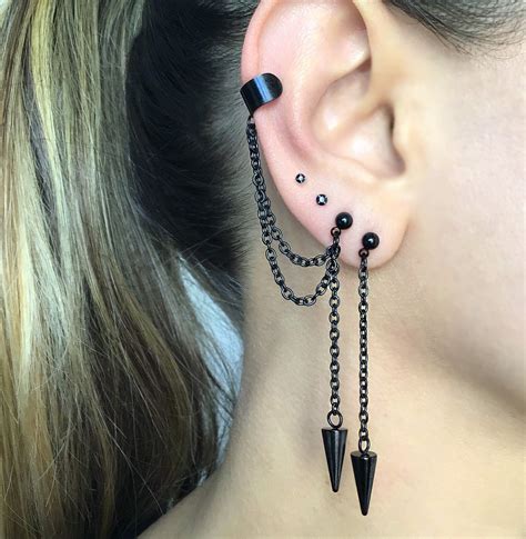 Ear Cuff With Spike Earring, Spike Earrings, Mismatched Earrings, Black ...