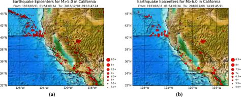 Epicenter maps for California. a All 732 earthquakes since 1932 for ...