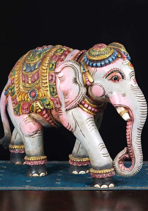 Wooden Painted Indian Processional Elephant Sculpture with Rug on Back ...