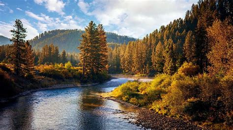 South fork of the Payette River, Idaho, fall, clouds, trees, colors, sky, landscpa, HD wallpaper ...