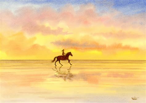 Original watercolour painting, horse rider on sunset beach, A4 size watercolor, original art ...