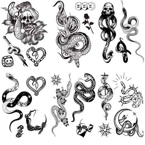 Buy glaryyears 6 Sheets Black Temporary Tattoos for Men Women, Snake Skulls Cross Rose, on Arm ...