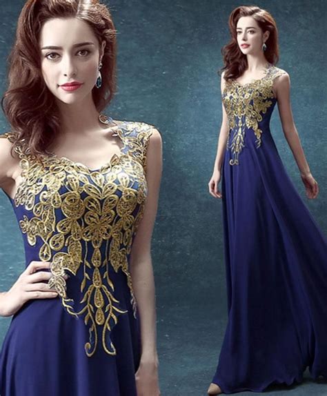 Navy blue chiffon and gold lace long prom dress | Dresses, Blue evening dresses, Evening dresses