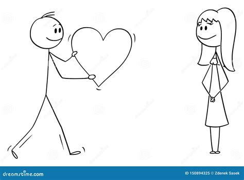 Vector Cartoon of Man or Boy in Love Giving Big Romantic Heart To Woman ...