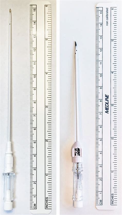 Two commonly used needles for paracentesis, the Cook Yeuh (left) and ...