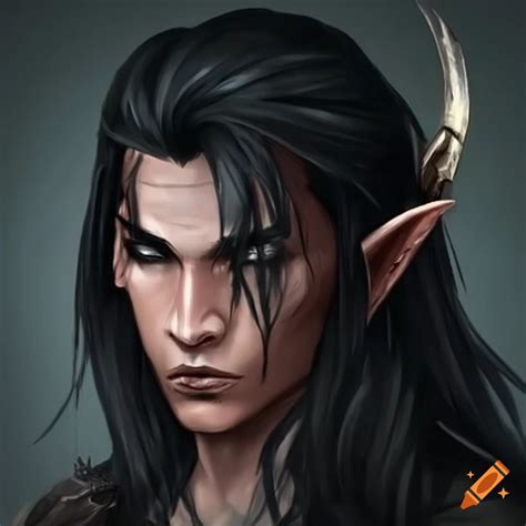 Dark-haired male elf with raven wings and dual elven swords on Craiyon