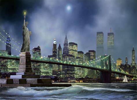 New Work Brooklyn Bridge Skyline Statue of Liberty Landscape. Painting ...