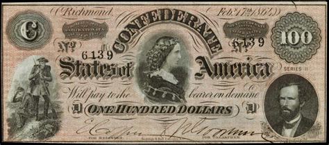 Confederate Currency $100 Dollar Bill 1864 Lucy Pickens "Queen of the Confederacy" T-65 ...