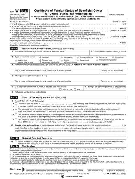 2006 Form IRS W-8BEN Fill Online, Printable, Fillable, Blank - pdfFiller