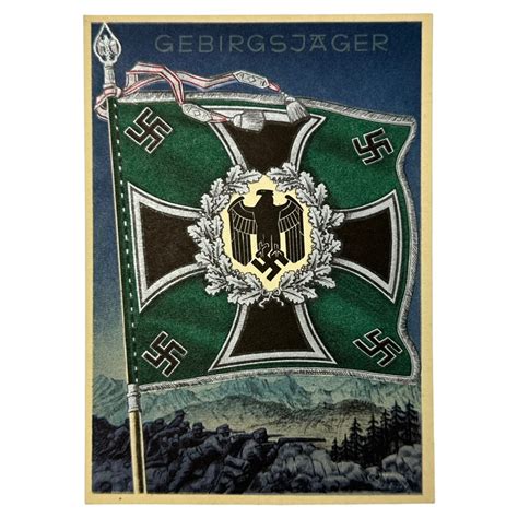 Original WWII German Gebirgsjäger standard with flag postcard ...