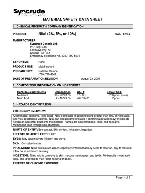 MSDS - Nital Etchant (Syncrude) | PDF | Toxicity | Firefighting