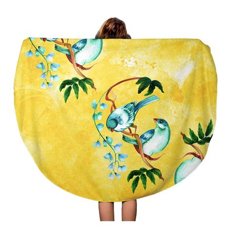 SIDONKU 60 inch Round Beach Towel Blanket Couple of Vibrant Teal Blue Watercolor Birds on Tree ...