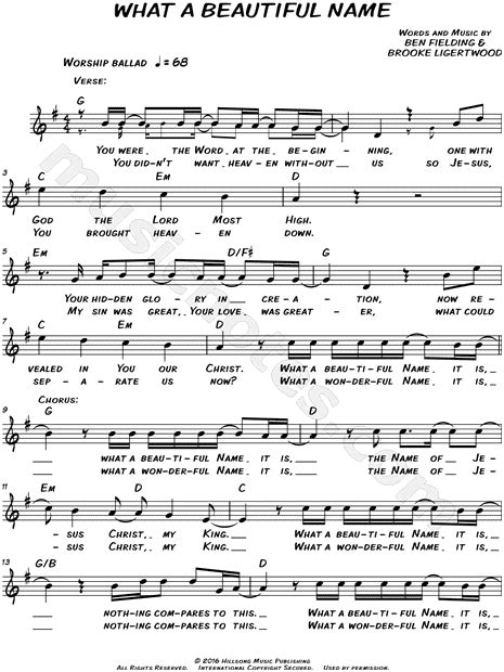 Hillsong Worship "What a Beautiful Name" Sheet Music (Leadsheet) in G ...