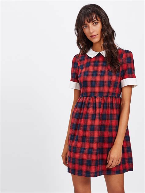 Contrast Trim Buttoned Bow Back Checkered Dress -SheIn(Sheinside)