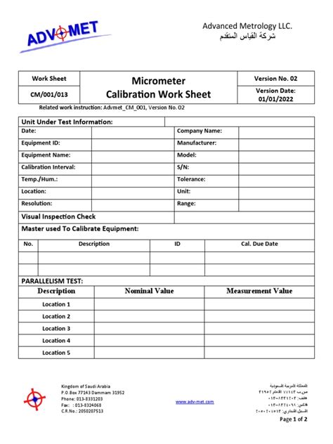 CM-001-013 Micrometer Calibration Work Sheet | PDF | Calibration | Metrology