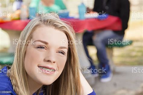 Teenager Teenager At Park With Picnic Table And People Background Stock Photo - Download Image ...