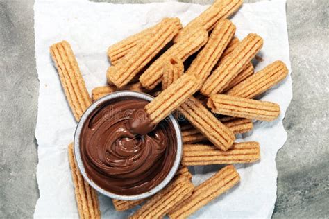 Traditional Spanish Dessert Churros with Sugar and Chocolate Stock Photo - Image of rustic ...