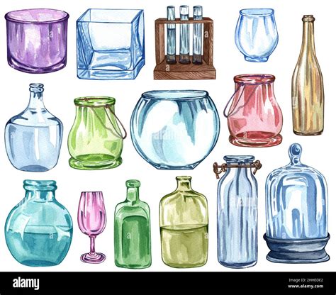 Watercolor set of glass bottles isolated on white. Transparent color ...