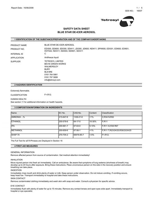 safety data sheet blue star de-icer aerosol - Free-Instruction ...