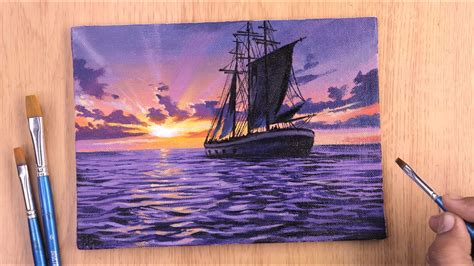 Painting a sunset seascape with ship in Acrylics | Painting in Acrylic - YouTube