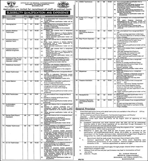 Bahawal Victoria Hospital Jobs 2014 August Paramedical Staff in ...