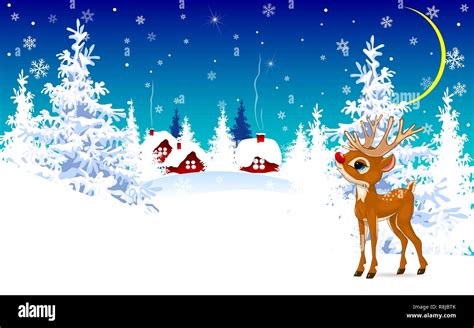 Cartoon deer on a winter background. Deer on the background of a winter ...