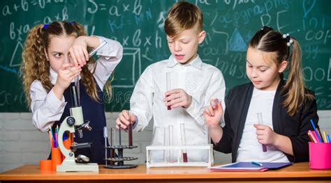 Childrens Day. Students Doing Biology Experiments with Microscope Stock Image - Image of educate ...