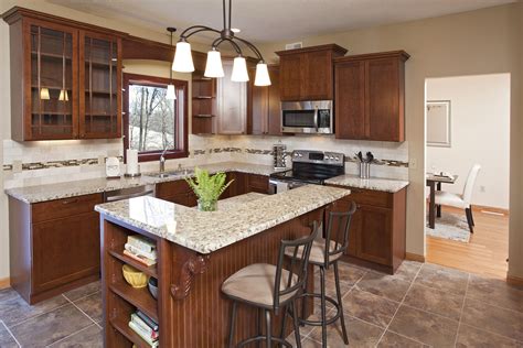 Cherry cabinets, granite countertops, tiled backsplash Light Granite Countertops, Granite Tile ...