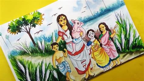 How to draw Durga Puja Drawing in Watercolour/Durga Puja Drawing step by step. - YouTube