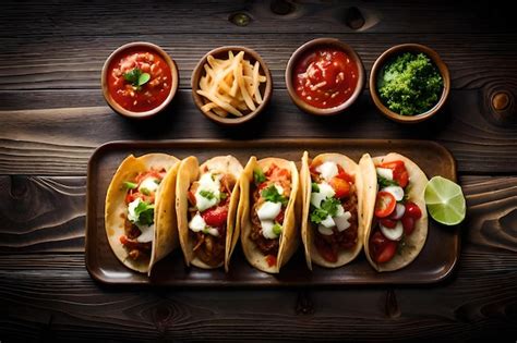 Premium AI Image | tacos and nachos on a tray with a variety of food on the table.