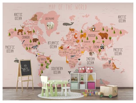 Pink World Map Wallpaper Girly Room Decor Wall Poster Nursery