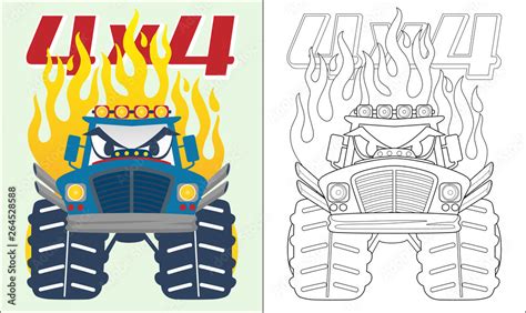 Coloring book or page of monster truck cartoon with flame Stock Vector ...