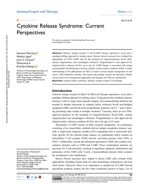 (PDF) Cytokine Release Syndrome: Current Perspectives