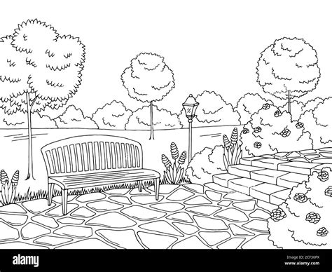 Park graphic black white bench lamp landscape sketch illustration ...