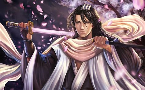 HD wallpaper: art, bleach, byakuya, fan, flower, kuchiki, petals ...